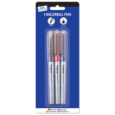 3 ROLLERBALL PENS RED/BLUE/BLACK